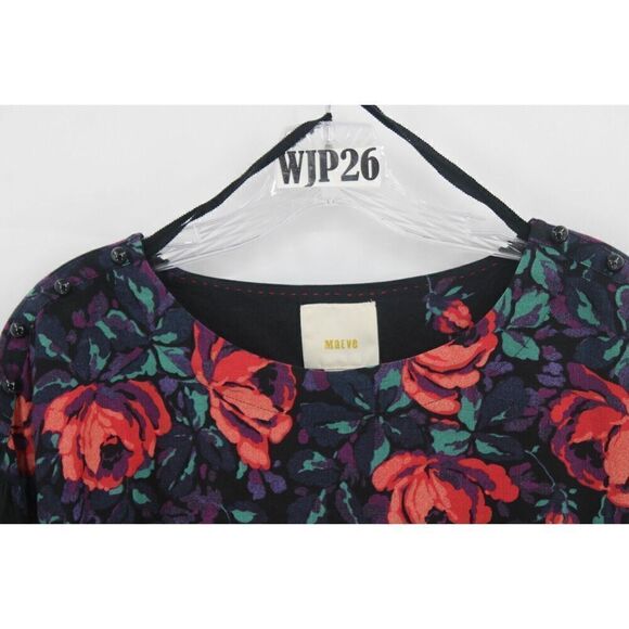 Maeve Long Sleeve Navy Linen Blend Floral Top Small - Picture 2 of 8
